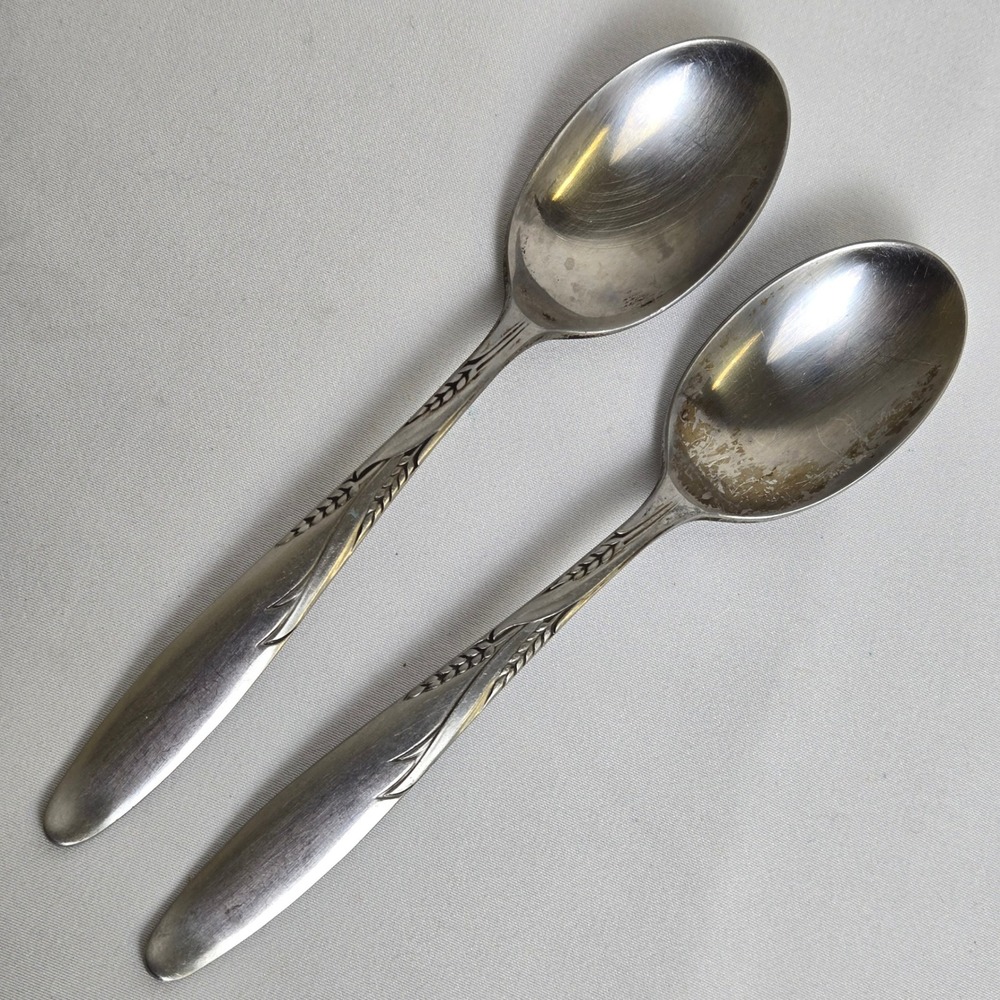 2 Gorham Stegor Stainless Teaspoons, Wheat‎ Pattern, 6"